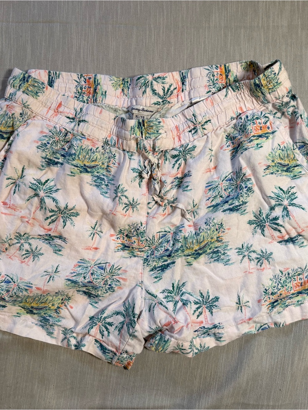 Tommy Bahama Pink Tropical Palm Island 100% Linen Drawstring Shorts XL Khaki